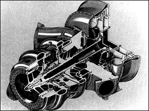 A cutaway drawing of the Mark 10 turbopump for the F-1 engine.
