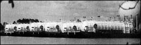 This fleet of six liquid-oxygen barges carried liquid oxygen from a nearby oxygen production plant to the Mississippi Test Facility. Three similar barges carried liquid hydrogen.