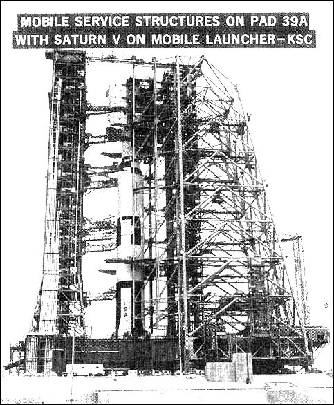 Mobile Service Structures on Pad 39A with Saturn V on Mobile Launcher - KSC.