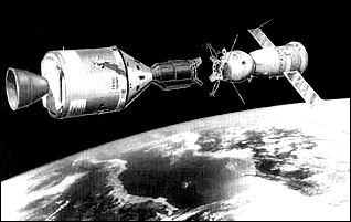 an artist's concept of Apollo and Soyuz as the Apollo spacecraft edges in for the first international docking in space.