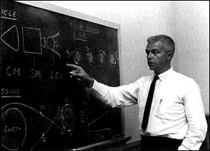 John C. Houbolt goes through his chalk talk on the advantages of lunar orbit rendezvous over competing modes.