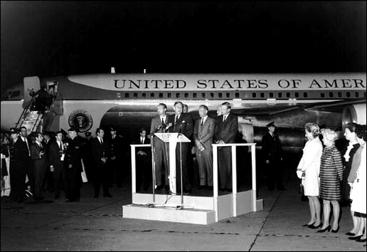 The Apollo 11 astronauts and their wives (far right) are welcomed to Australia and Sydney on their arrival at Kingsford-Smith Airport by the Prime Minister John G. Gorton, M.P. 
