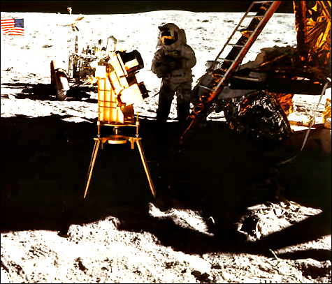 Bottom: Astronaut John Young, stands in the shadow of the lunar module behind the far-ultraviolet camera. 