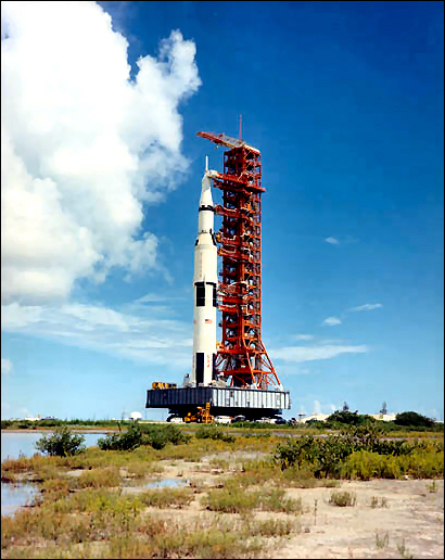 The Apollo 17 Saturn V (Launch Vehicle SA-512) during its August 28, 1972, move on Mobile Launch Platform 3 from the Vehicle Assembly Building at the Kennedy Space Center to Launch Complex 39A.