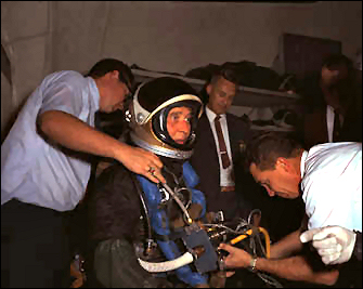 Wernher von Braun in space suit and diving equipment in the neutral buoyancy simulator at Marshall, November 14, 1967. 