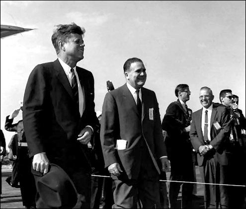 President John F. Kennedy and NASA Administrator James T. Webb at the Launch Operations Complex (later renamed the Kennedy Space Center) during a tour of NASA facilities on November, 1963.